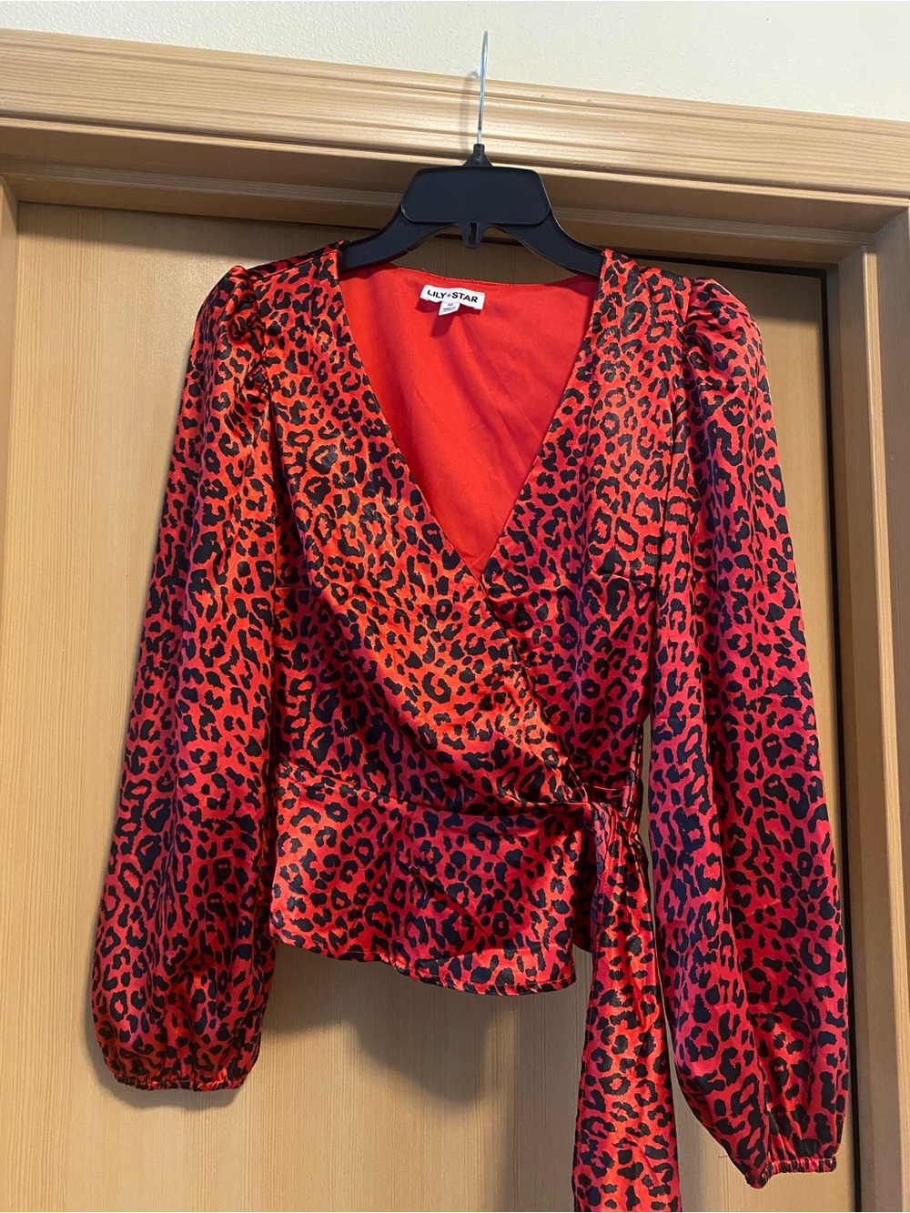 Lily Star Red and Black Leopard-Print Wrap Blouse